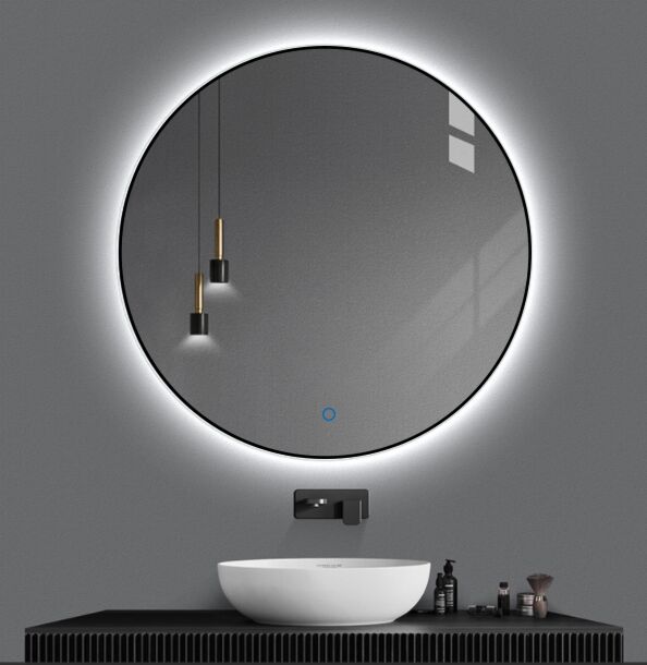 breng de actie Hong Kong kort Badkamerspiegel Rond LED Mat Zwart 100 cm met Spiegelverwarming