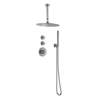 Sani Royal Pro Inbouw Regendouche Gun Metal Geborsteld Messing met geribbelde knop met 2 stopkranen met Plafondsteun en Douchekop 20cm