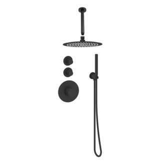 Sani Royal Pro Inbouw Regendouche Mat Zwart Messing metgeribbelde knop met 2 stopkranen met Plafondsteun en Douchekop 25cm